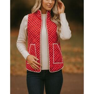 AND Womens Pink 100% Cotton Poladot Full Zip Puffer Vest W Pockets sz S Feminine